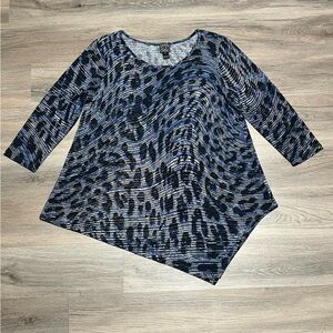 Clara Sun Woo Small Blouse Top Blue Cheetah Abstract Artsy Asymmetrical Hem USA